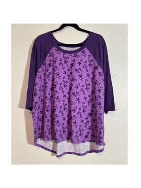 Woman Within Size 18/20 Purple Floral Raglan 3/4 Sleeves High-Low Hem T-Shirt